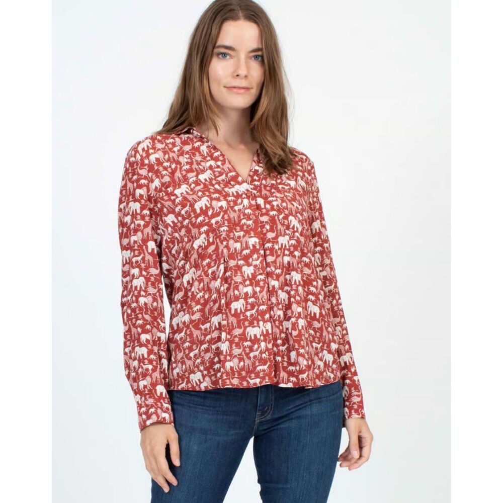 Anthropologie Maeve Casia Safari Animal Henley Top Rust Orange Preppy Sz 6